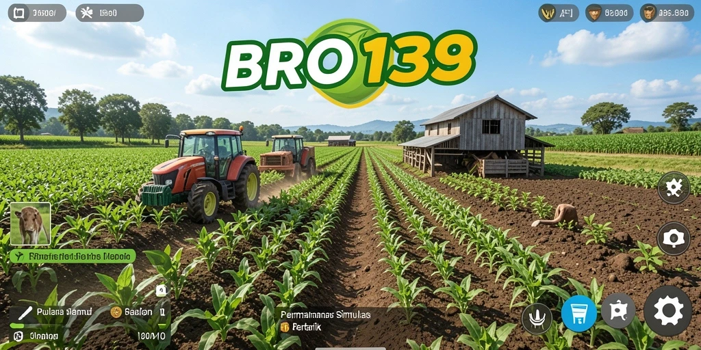Tampilan gameplay BRO138 dengan lahan pertanian yang subur dan hewan ternak.