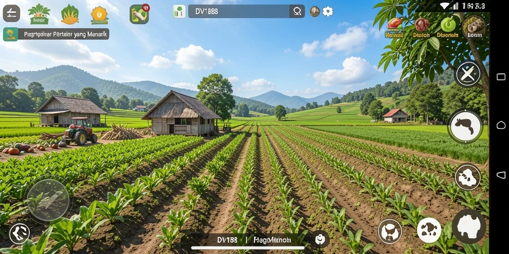 Tampilan gameplay DV188 yang menarik dengan kebun yang subur dan tanaman beragam.