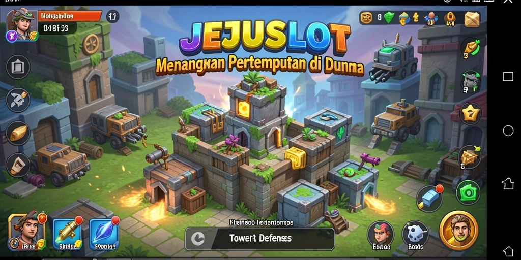 Tampilan gameplay menakjubkan dalam JEJUSLOT menunjukkan aksi menara pertahanan.