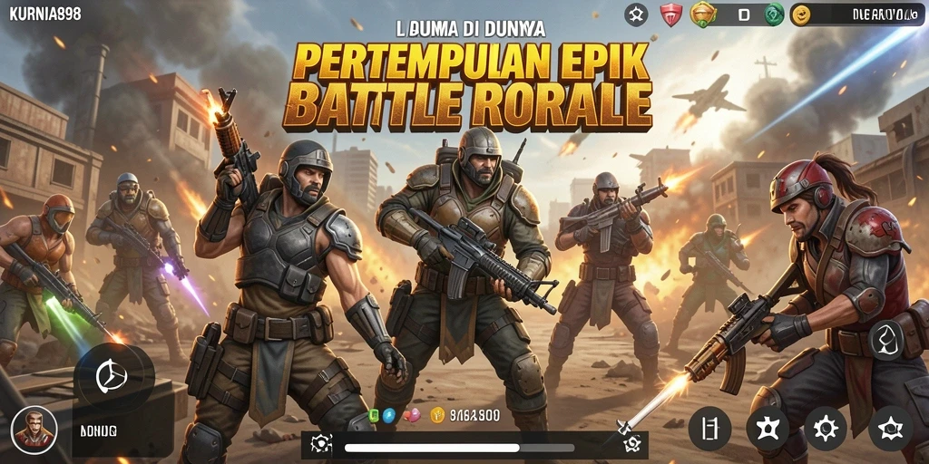 Screenshot utama KURNIA898 menunjukkan pertempuran mendebarkan di arena Battle Royale.