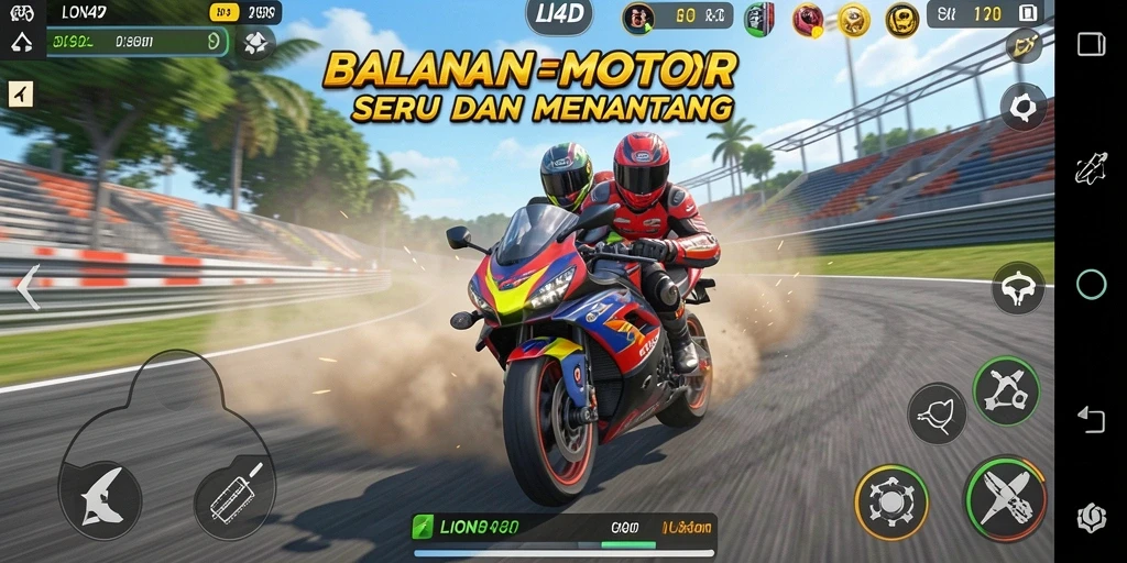 Gameplay LION4D: serunya balapan motor di berbagai trek.